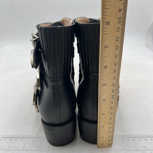 Black Straps Metal Buckle Pointed Toe Low Chunky Heels Ankle Booties for Women - Picture 4 of 7